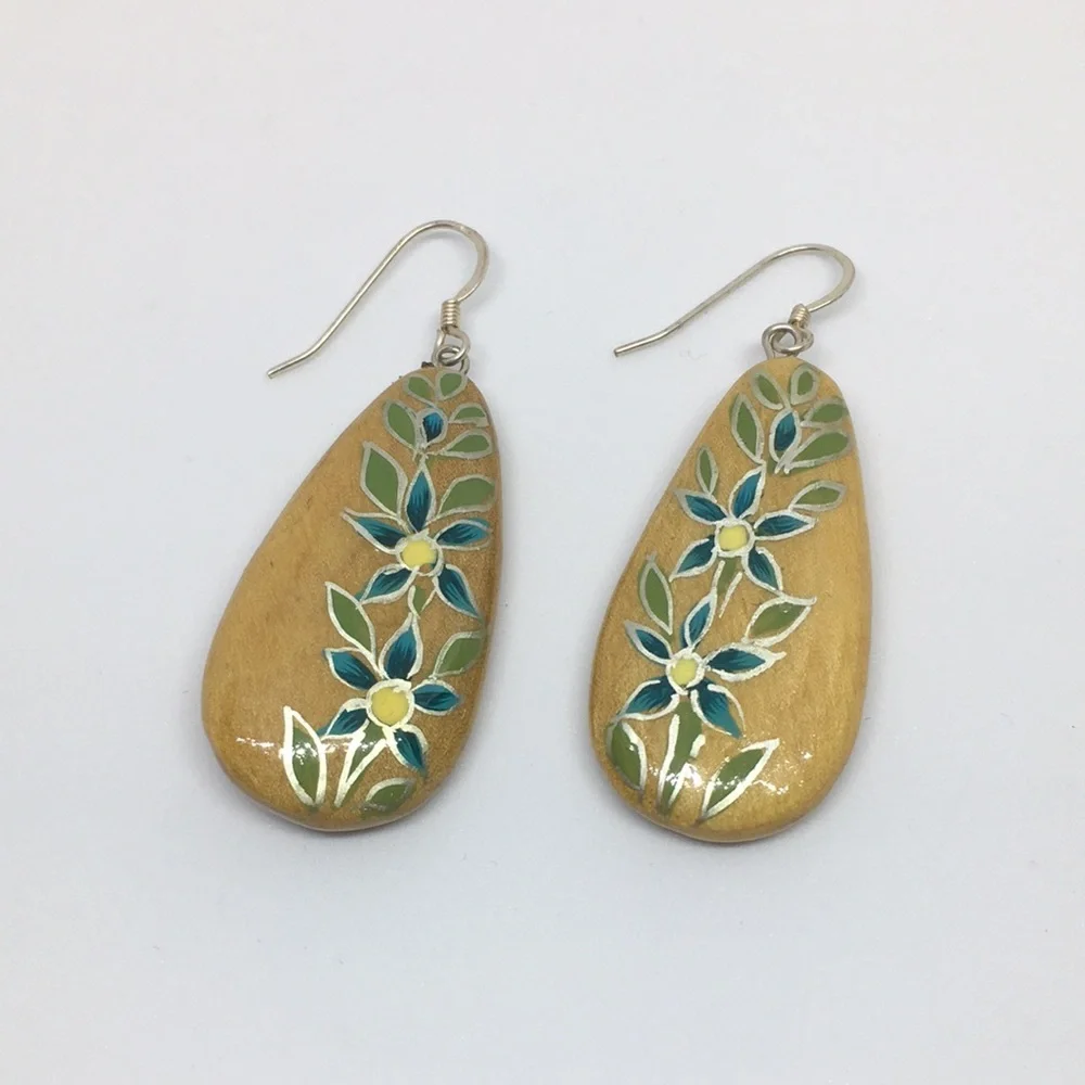 Hand Painted Walnut Wood Sterling Silver Teardrop Earrings Teal & Yellow Floral